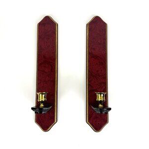 Vintage Pair of Wooden Wall Candleholders Sconces with Brass Candle Taper